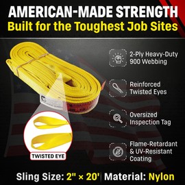 DD Sling (USA Made). 2" wide X (4' to 20' lengths) in Listing! 2 Ply Twisted Eye, Nylon Lifting Slings, Eye & Eye, Heavy Duty (900 webbing), 6,400 lbs Vertical, 5,100 Choker, 12,800 Basket Load Capacity (2inX20ft)