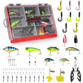 MadBite 71pcs Freshwater Fishing Lure Kit, Includes Crankbaits, Poppers, Minnow, Spoons, Spinners, Hooks, Weights, and Other Accessories, Bass/Panfish Tackle Kit With 3600 Tackle Box and Pliers