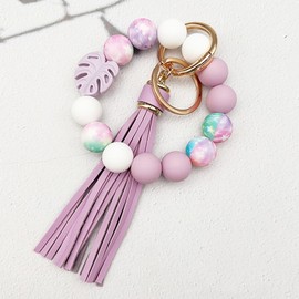 Phamines Leaf Bead Wristlet Keychain for Women,Printed Silicone Beaded Key Ring Car Key Holder Bracelet,Elastic Bangle Leather Tassel (Purple)
