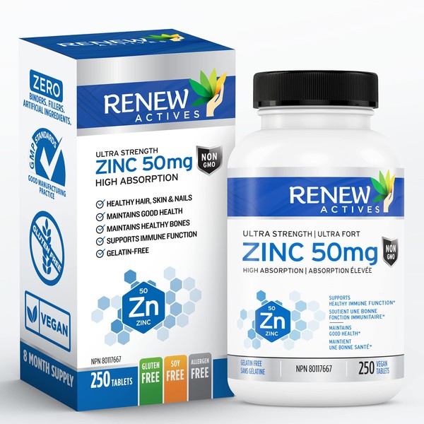 Renew Actives Zinc Supplements, 8 Month Supply (250 Count), Easy to Swallow, Max Strength 50MG Zinc Vitamin, for Healthy Skin, a Strong Immune System, and Enhanced Hair Growth, Vegan, Made in Canada