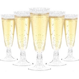 Taoyanmo Premium Elegant Plastic Champagne Flutes with Gold Glitter, 150ml - Reusable Toasting Glasses, Cocktail Prosecco Glasses for Weddings, Birthdays, Christmas, BBQ, Parties (25-Goldglitter)