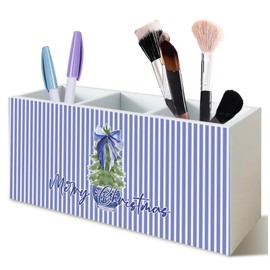 KRHFG Blue Chinoiserie Christmas Pen Holder for Desk, Coquette Bow Xmas Tree Wooden Box Sign Decor for Girls Room Office Desk Table Shelf Decoration, Preppy Xmas Pencil Organizer, Blue Christmas Decor