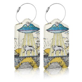2 Pack Art Alien UFO Luggage Tag for Suitcases, Mountains Sunset Cow Leather Luggage Tag Privacy Cover ID Label for Women Men Travel