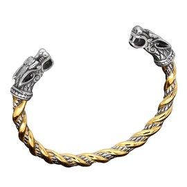Fantasy Forge Jewelry Viking Geri Freki Bracelet Mens Gold PVD Plated 316L Stainless Steel Norse Odins Wolf Cuff