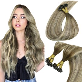 Sunny Hair U Tip Hair Extensions Human Hair Invisible Keratin Hair Extensions Straight Hair Extensions for Women 50G Cool Brown Balayage Light Brown Highlight Blonde 20inch