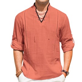 EDITCOZY Men's Cotton Linen Shirt Drawstring Tops Viking Pirate Renaissance Costume Medieval Orange 3XL