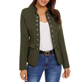 Roskiky Women's Blazer For Women, Cardigan, Casual Business Jacket, With Pockets, Decorative Buttons On The Front, Army Green, m