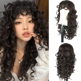 CINHOO Long Dark Brown Curly Wigs for Women with Bangs Brown Shag Wig 22inch Afro Big Bouncy Fluffy Curly Hair Wig for Black Women for Cosplay and Daily Use(Dark Brown)