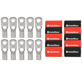 InstallGear 1/0 Gauge AWG Tinned Pure Copper Lugs Ring Terminals Connectors with Heat Shrink, 10-Pack - 1/0 Ring Terminal - Electrical Connectors, Heat Shrink Wire Connectors for 1/0 Gauge Wire