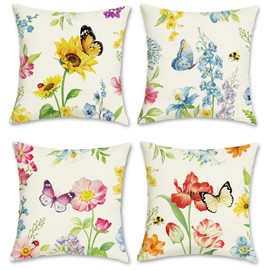 Bonhause Spring Floral Cushion Covers 45 x 45 cm Garden Flowers Butterflies Polyester Linen Decorative Throw Pillow Covers for Sofa Couch Bed Home Patio Outdoor Decor Set of 4