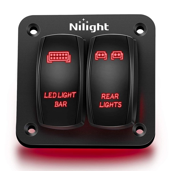 Nilight 2 Gang Rocker Switch Panel LED Light Bar Switch Rear Lights Switch 12 24V DC Red Switches 5Pin ON Off Pre Wired Toggle Switch Panel for Cars ATVs UTVs,2 Years Warranty