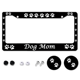 Dog Mom License Plate Frames Aluminum License Plate Cover with 2 Pcs Car Coasters and Screw and Black Screw Caps for Girl Women Men Gifts