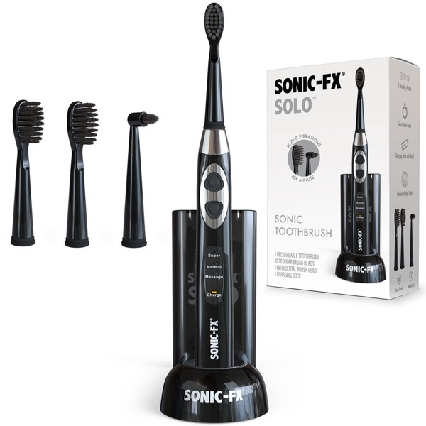 Sonic-FX Solo Electric Toothbrush - 3 Brushing Modes - with Intelligent Auto-Timer, Includes 2 Tooth Brush Heads, and 1 Interdental Head, Rechargeable, Electronic Charging/Storage Base (Black)
