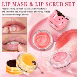 Set De 4 Piezas: Exfoliante Y Mascarilla Labial, Bálsamo Labial De Fresa Y Miel, Reduce Las Líneas De Los Labios, Exfoliante E Hidratante Labial, Bálsamo Y Exfoliante Labial Repair Bee, Masc
