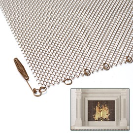 Flehomo 24 × 24 Inch Fireplace Mesh Screen Curtain, Replacement Fireplace Screen Curtain for Fireplace, Decorative Spark Guard Chain, Scroll Packaging, Antique Brass