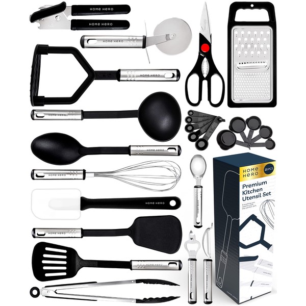 Home Hero Kitchen Utensils Set - Cooking Utensils Set with Spatula - First Home Essentials Utensil Sets - Household Essentials - Kitchen Gadgets & Kitchen Tool Gift (25 Pcs Set - Black)