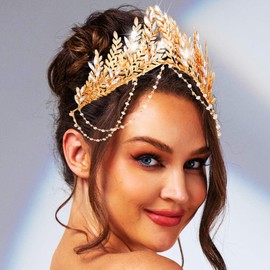 CAKURE Leaf Crowns and Tiaras Gold Leaf Crown Headband Rhinestones Wedding Hair Accessories for Women and Brides