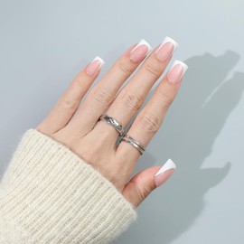 ASONRL 32 PCS Short Duck Press on Nails- Nude French Tip Gel Nail Fake Nails, 15 Sizes Glue On Nails Kit, Reusable False Nails with Mini Nail File for Women - Nude Short Duck