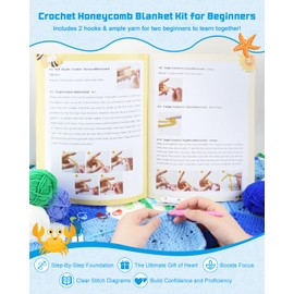 Arborthread Sea Blanket Crochet Kit for Beginners, Granny Squares Blanket Knitting Kit w/Step-by-Step Video & Printed Guides for Adults, Child-Friendly Patterns