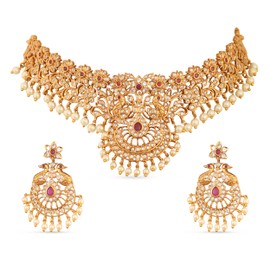TARINIKA Antique Gold Plated Tania Choker Set with Peacock Design - Indian Jewelry Sets for Women | Perfect for Ethnic Occasions | Traditional Indian Choker Jewelry set | 1 Year Warranty*