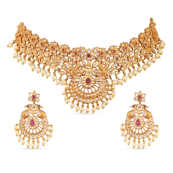 TARINIKA Antique Gold Plated Tania Choker Set with Peacock Design