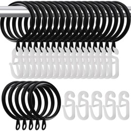 yixiaoboda 22 Pack Curtain Rings and Hooks, 30mm Metal Drapery Hanging Rings & 22pcs Curtain Hooks Plastic White for Curtains and Rods, Drape Sliding Eyelet Rings(Black, 22 Pack)