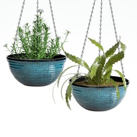Vanslogreen 12 inch Hanging Planters for Indoor Outdoor Plants, 2 Pack Large Hanging Flower Pots with Drainage Holes and Chain, Glazed Hanging Baskets for Home Garden Decoration, Blue
