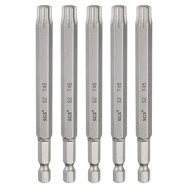 sourcing map 5pcs T45 Torx Head Screwdriver Bit 1/4" Hex Shank 4" (100mm) Long Magnetic No Hole Tip Tamper Proof 6 Point Star Screw Driver Drill Bits S2 Steel Industrial Power Screwdrivers