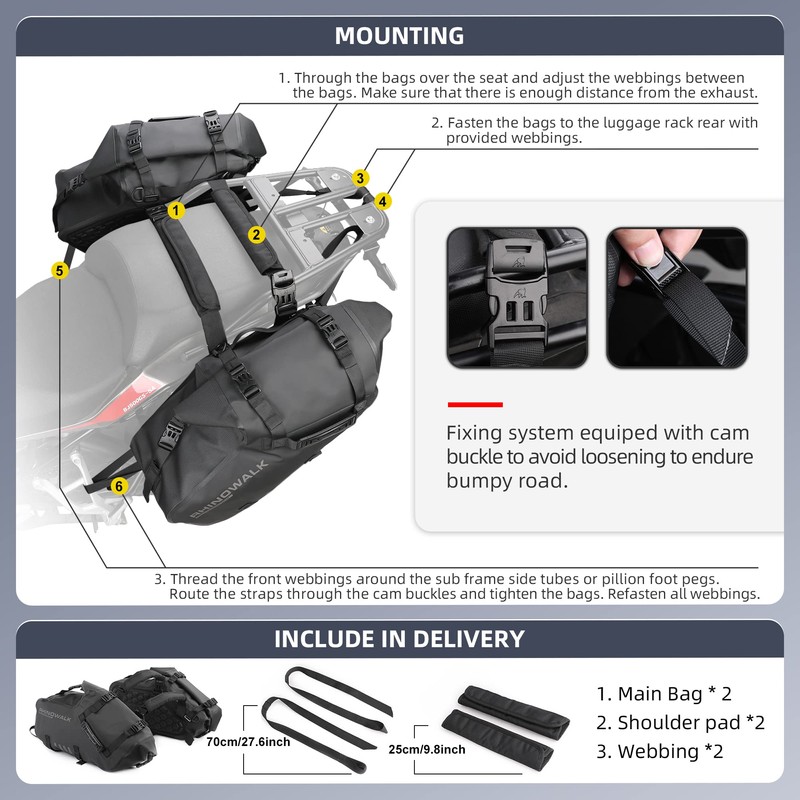 Rhinowalk Motorcycle Saddlebags 18L(9L*2) Waterproof Motorbike Side Bags, Travel Luggage