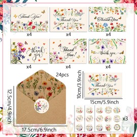 24 Pack Floral Wildflower Thank You Cards with Envelopes Rustic Envelopes for Birthday Baby Shower Weddings Bridal Shower