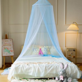 Wnqou Two-tone Bed Canopy Mosquito Net,White Blue Bed Canopy for Girls Bed Net,Princess Canopy for Kids Bed Room Decor