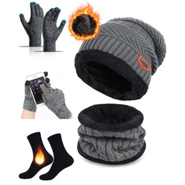 Gorro Invierno Bufanda y Guantes Tactiles y Calcetines Termicos,Gorros Frio con Tejido de Punto y Bufandas con Forro de Lana para Hombre y Mujere,Set de Bufanda,Gorras, Guantes,Calcetínpara Esquiar