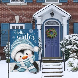 Louise Maelys Hello Winter Garden Flag Sonwy Penguin Double Sided 12x18 Inch Small Burlap Welcome Holiday Home Yard Sign Outdoor Outside House Decoration