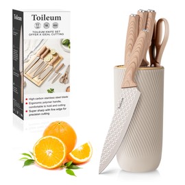 Knife Set, Toileum 11 Piece Khaki Kitchen Knife Block Set, Anti-Rust Non-Stick Stainless Steel Chef Knife Sets with 6 Blade Guards for Kitchen, Ergonomical Design (Khaki)