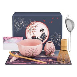 CISID 8 Pcs Matcha Whisk Set, Spring Cherry Blossoms Matcha Bowl with Spout, Bamboo Whisk Holder Stand, Sifter, Matcha Starter Making Kit Tea Set for Ceremony, Gift for Matcha Lover