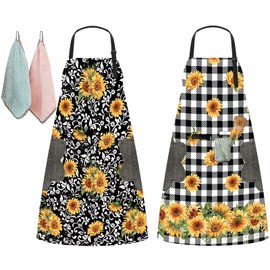 2 Pack Aprons for Women with 3 Pockets, Adjustable Waterproof Kitchen Bib Apron with 2 Towels for Chef Servers Grilling Cooking Baking, Plus Size Sunflower Aprons for BBQ Painting Gardening