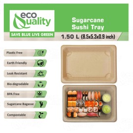 EcoQuality Compostable Sushi Trays X-Large - Natural Sugarcane Bagasse Take Out Sushi Container - Biodegradable, Disposable Sushi Plate, Eco Friendly, Plastic Alternative, To go, Serving Tray (200)