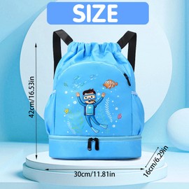 YOUYIKE Children's Swimming Bag, Diving Boy Sports Bag with Drawstring, Waterproof Backpack with Bottom Compartment, 30 x 16 x 42 cm, Gym Bag, Children's Sports Bag, Sky Blue