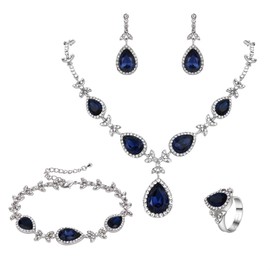 BriLove Wedding Bridal Crystal Leaf Teardrop Y-Necklace Tennis Bracelet Dangle Earrings Resizable Cocktail Ring Set for Women Sapphire Color Silver-Tone
