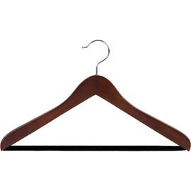 Walnut Finish Wood Suit Hanger with Velvet Flocked Bar in 17" Length X 5/8" Thick with Concave Body and Chrome Hardware, Box of 12