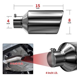 Richeer 4 to 8 inch Exhaust Tip, 4" Inlet, 8” Outlet 15” Overall Length Stainless Steel Polished Finish Universal for Vehicles with 4" O.D. Exhaust Tailpipe, Rolled Edge, Bolt on Design