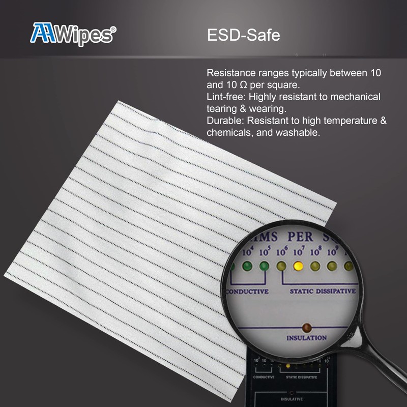 AAWipes Anti-Static Electrostatic Discharge (ESD) Wipes (12"x12",100pcs, Polyester Wiper Cloths