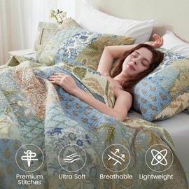 NEWLAKE Quilt Set California King Size, 100% Cotton Patchwork Green Bohemian Quilt Sets, Reversible Bedspread Lightweight and Breathable for All Seasons, Soft Quilted Bedspread with 2 Pillowcases