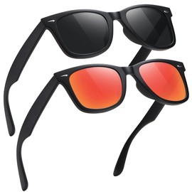 MEETSUN Polarized Sunglasses for Men Classic Retro Sun Glasses for Driving Fishing UV Protection 2 Pack Matte Black Frame Grey Lens + Red Mirrored Lens