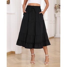 LOUSGUTA Women's Black Midi Skirt Flowy Ruffle Tiered High Elastic Waist Casual Skirts with Pockets Black M