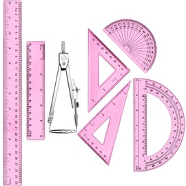 Zonon 1 Set Plastic Geometry Math Set Includes Drawing Compass, 6 Inch 4 Inch Protractor, 45/60 Degree Triangle Rulers 12 Inch 6 Inch Math Ruler Transparent for Office Supplies (Pink)