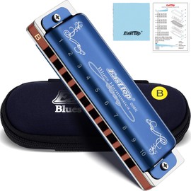 East top Blues Harmonica Key of B, 10 Hole 20 Tone Diatonic Harmonica Professional Diatonic Blues Harp Harmonica B Mouth Organ Blue Cover Musical Instrument for Professional Player, Beginner, Kids