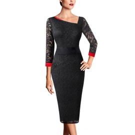 VFSHOW Womens Black Lace Vintage Asymmetrical Neck Slim 3/4 Sleeve Work Office Business Party Sheath Dress 9688 BLK XS