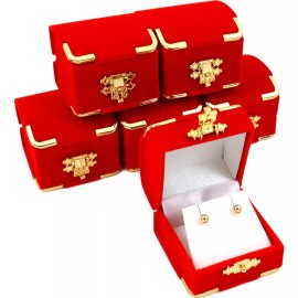 FindingKing 6 Red Velvet Earring Boxes With Brass Corners 2 1/8"