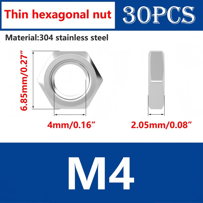Ctyjia 30 PCS Hex Thin Nuts M4 Locking Nuts, 304